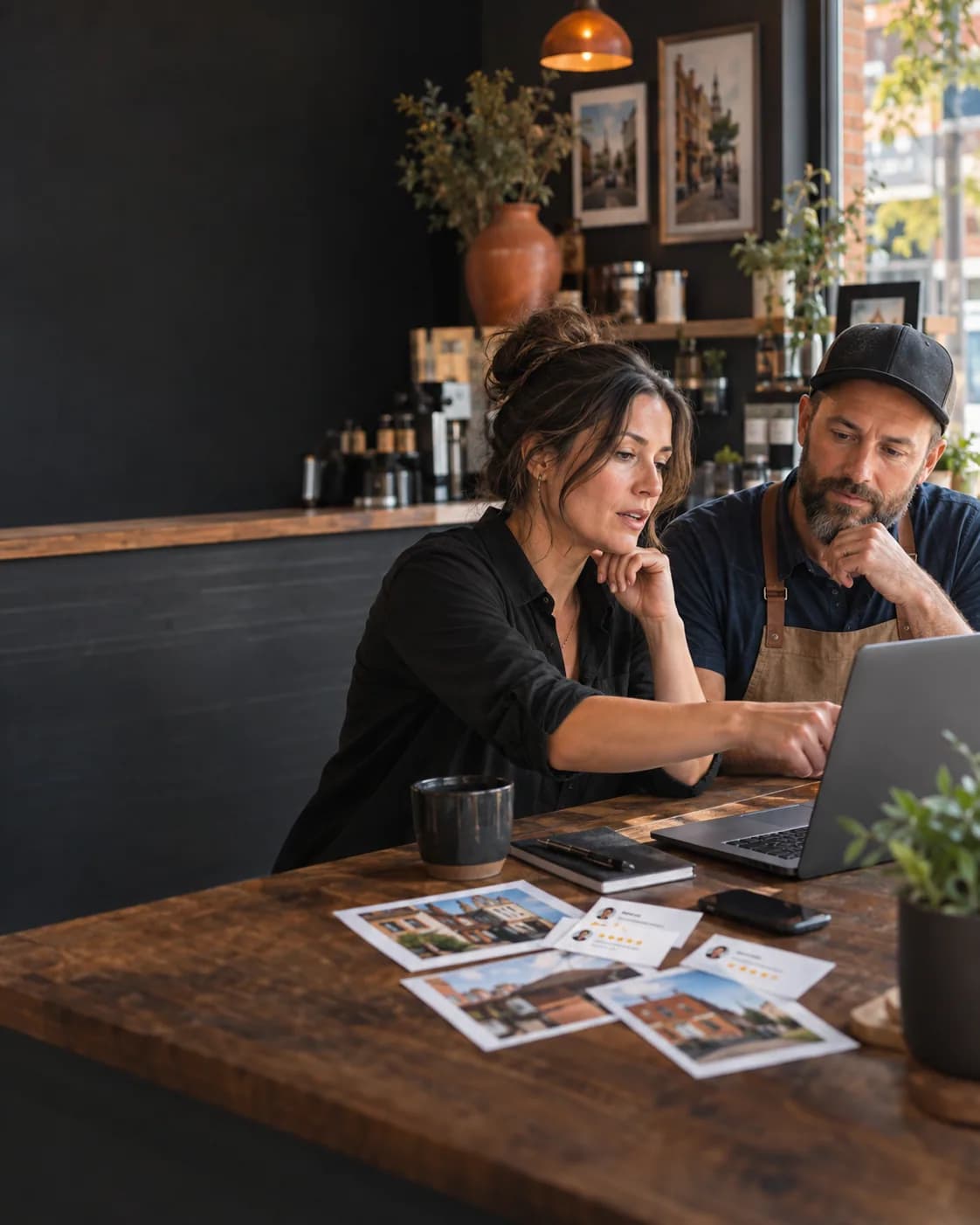 Local marketing strategists reviewing business listings and customer feedback — TML Agency